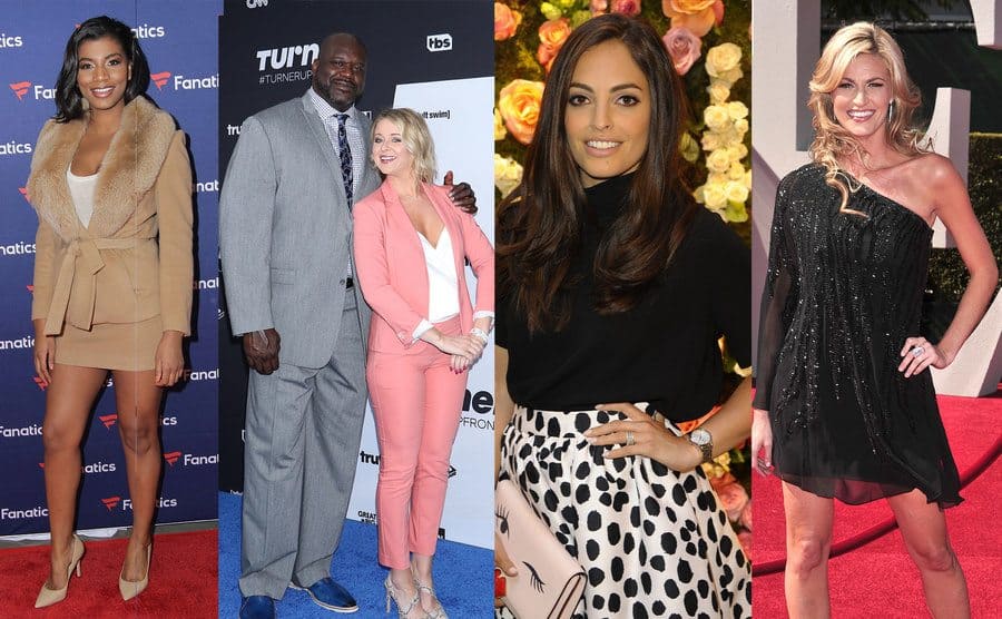 Taylor Rooks standing and smiling / Kristen Ledlow standing next to Shaquille O'Neal / Olivia Wayne standing in front of a wall covers with flowers / Erin Andrews wearing a black dress smiling and standing on a red carpet