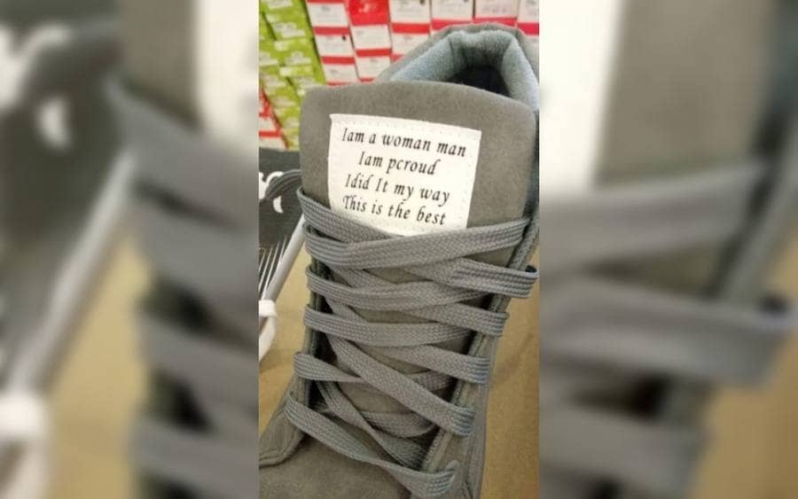 A Shoe with a label that reads, 