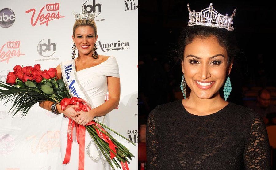 Mallory Hagan holding a large bouquet of roses while wearing the crown on the red carpet / Nina Davuluri wearing the crown 