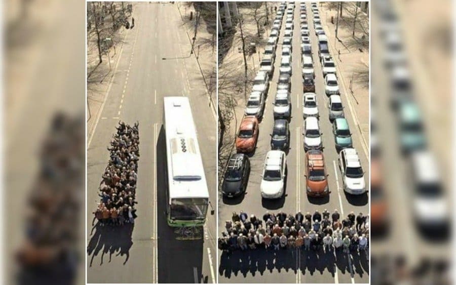 A side by side comparison of how many people fit inside a bus and cars