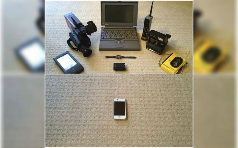 Two photos, one with a camera, clock, laptop, notepad and the other with a smartphone