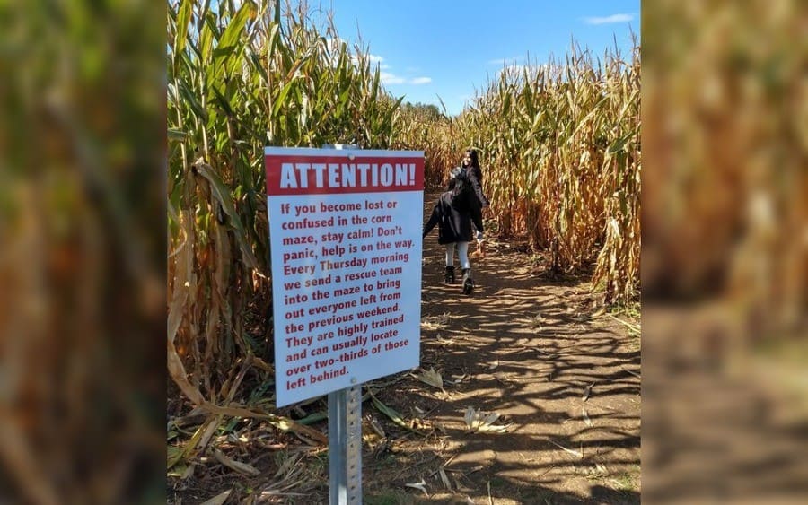 A warning sign in a corn field
