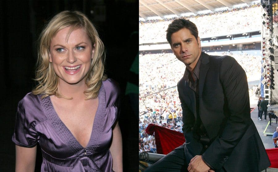 Amy Poehler posing for a portrait while arriving at an SNL after party / John Stamos backstage leaning on a pole next to the stage 