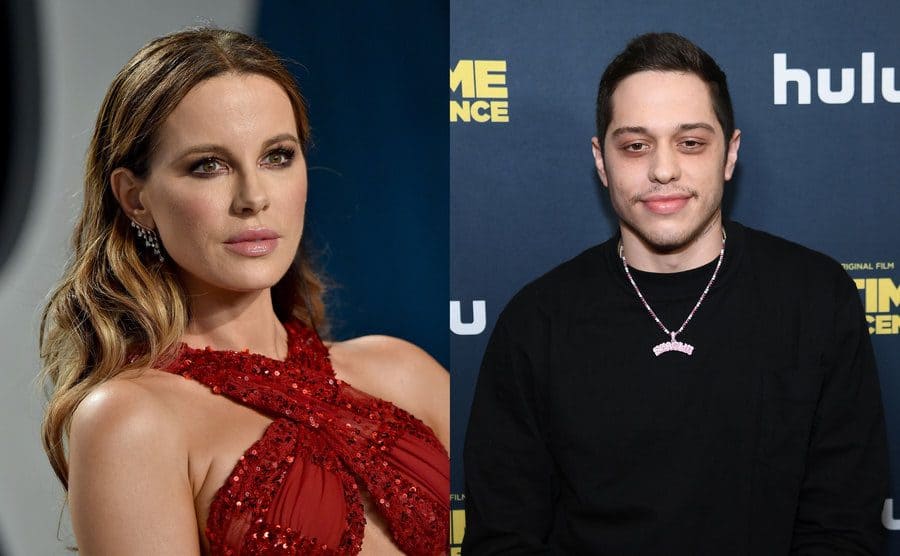 Kate Beckinsale on the red carpet in a red sequined dress / Pete Davidson on the red carpet