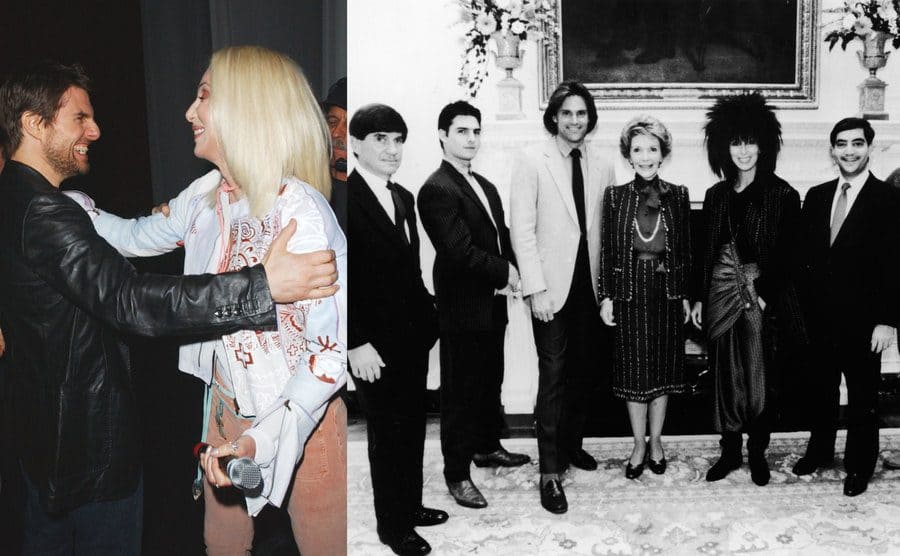 Tom Cruise and Cher about to hug backstage at a concert / Chris Anderson, Tom Cruise, Bruce Jenner, Cher, Richard C. Strauss, and Robert Rauchenberg with Nancy Reagan at the White House 