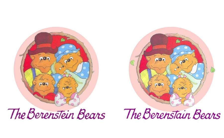 A photograph of the logo for the Berenstain Bears written with an ‘e’ next to one with an ‘a.’ 