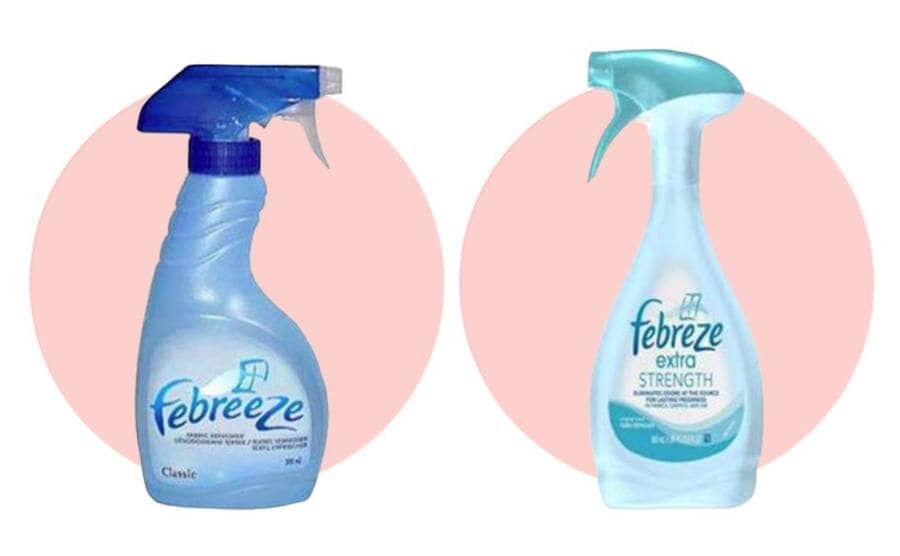 Two blue bottles, one that says Febreze with two e’s and one that spells it with one e