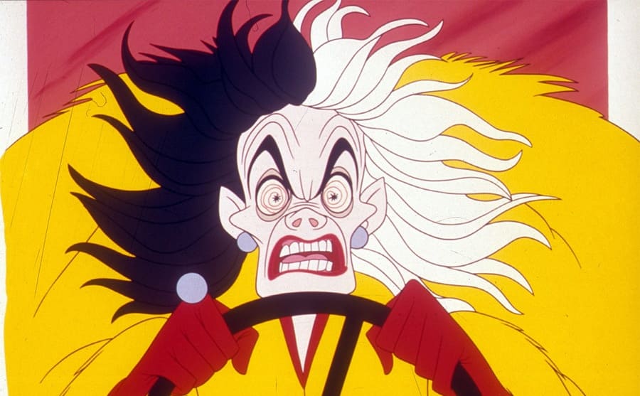 Cruella DeVil in the animated 101 Dalmations movie 