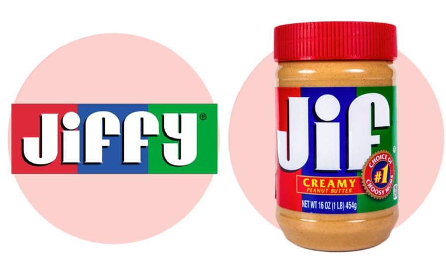 A Jif peanut butter jar next to a photoshopped logo spelling out Jiffy 