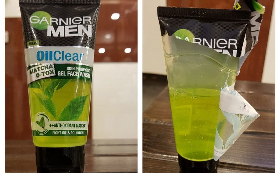 A tube of Garnier Men oil clear face wash/After removing the plastic covering, it is revealed that the tube is half empty. 