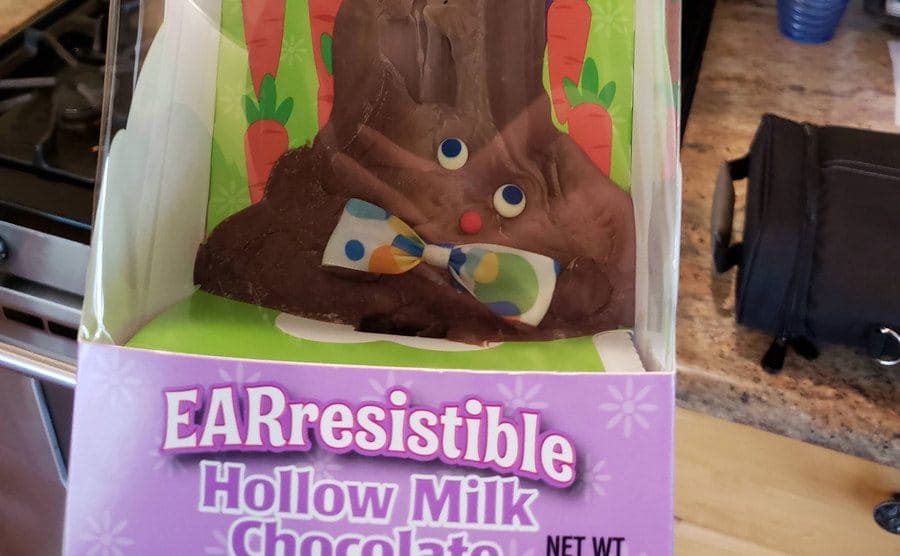 What was a cute chocolate bunny in a box is now a melted clump of chocolate in a box. 