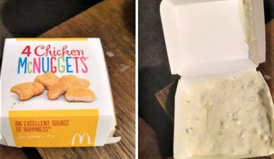 A box of four chicken McNuggets/The same box filled with tartar sauce and no nuggets. 