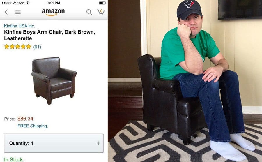 A dark brown leather chair you can buy online/A full-grown man sitting in a child-sized brown leather armchair. 