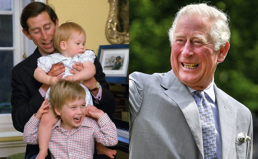 Prince Charles holding Prince Harry on Prince William’s shoulders in Kensington Palace when they were young boys / Prince Charles waving and smiling 