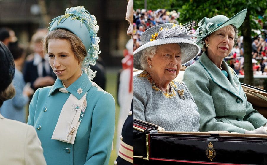 Princess Anne dressed in all light blue in June 1973 / Queen Elizabeth II and Princess Anne in the back of an open carriage 