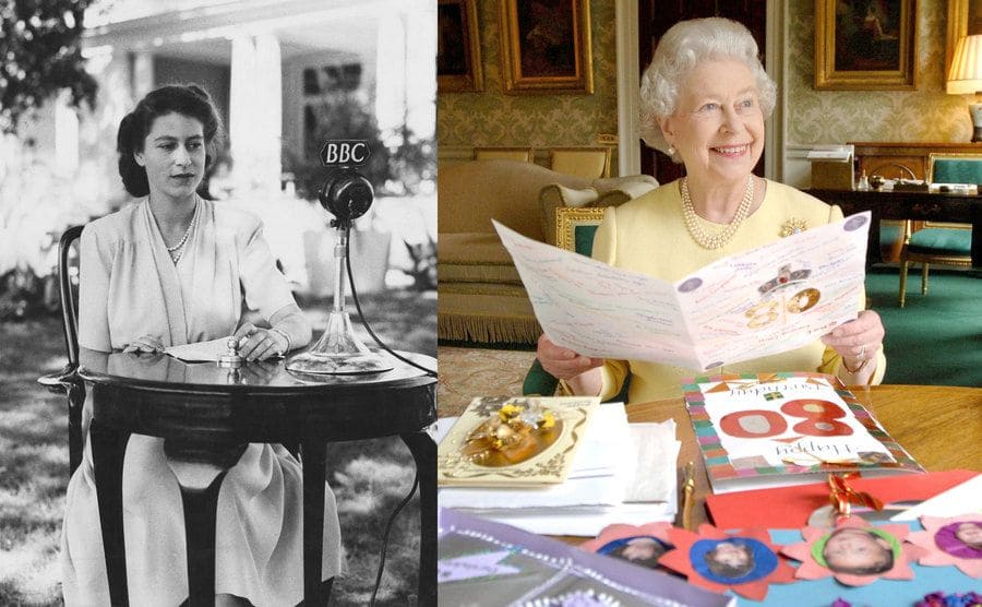 Queen Elizabeth II sitting next to a BBC microphone in a garden / Queen Elizabeth II opening birthday cards she received on her 80th birthday. 