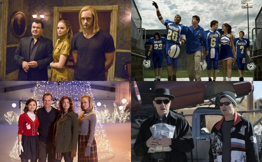 Alexander Skarsgard, Kristin Bauer van Straten, and Patrick Gallagher posing next to each other in a creepy hallway / The cast of Friday Night Lights walking off of the football field in uniform with a cheerleader and the coach / Bill Paxton with Jeanne Tripplehorn, Chrloe Sevigny, and Ginnifer Goodwin standing in front of a room filled with Christmas lights / Bryan Cranston holding a bag full of cash and Aaron Paul standing in front of the back of a multi-car tow truck