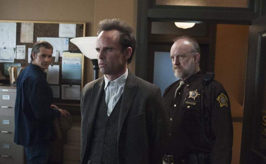 Timothy Olyphant, Walter Goggins, and Jim Beaver in the sherriff’s office in a scene from Justified
