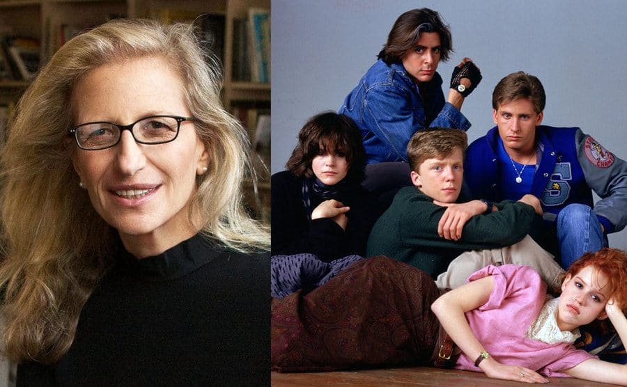 Annie Leibovitz posing for a portrait / The cast of The Breakfast Club with Molly Ringwald posing in front of everyong lying on her side 