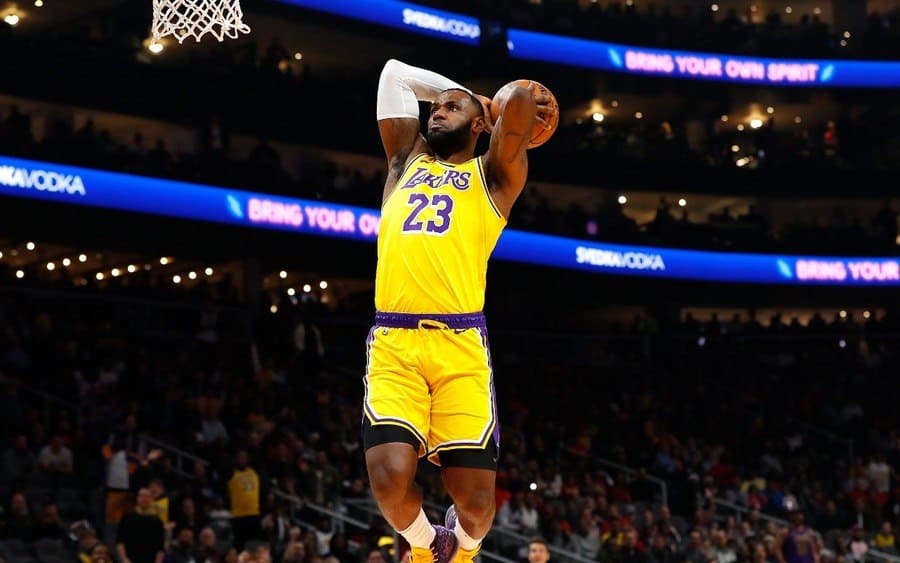 LeBron James #23 of the Los Angeles Lakers dunks against the Atlanta Hawks
