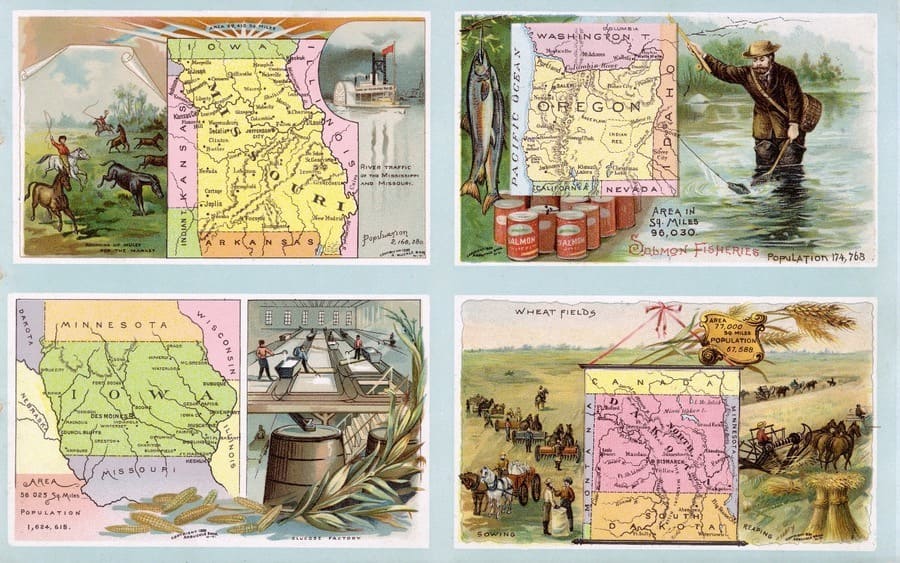 Composite image features four postcards, each of which represents a US state with a map and illustration, 1888. Included here are Missouri, Oregon, Iowa, and North Dakota