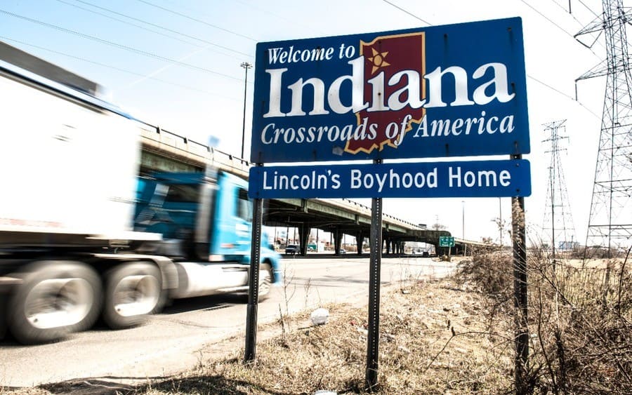 A welcome to the state of Indiana highway sign
