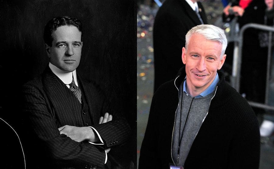 Billy Vanderbilt posing for a portrait / Anderson Cooper standing in the street in New York on New Years 