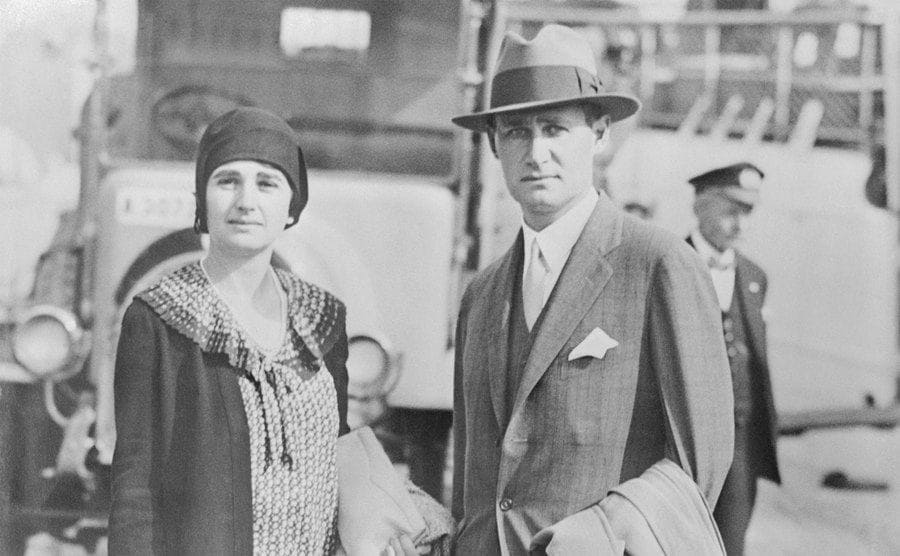 Arthur Hays Sulzberger and his wife photographed as they arrived in Stockholm 