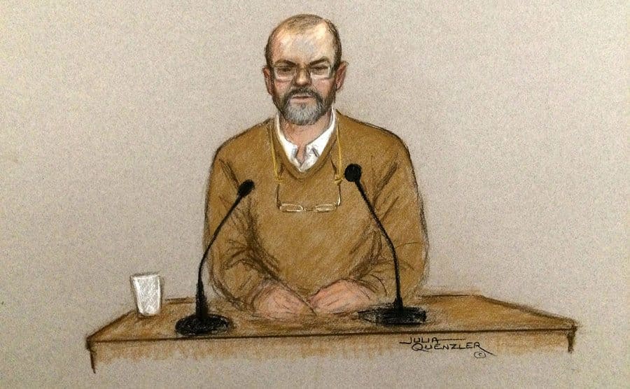 A courtroom drawing of Carl Wood giving testimony.