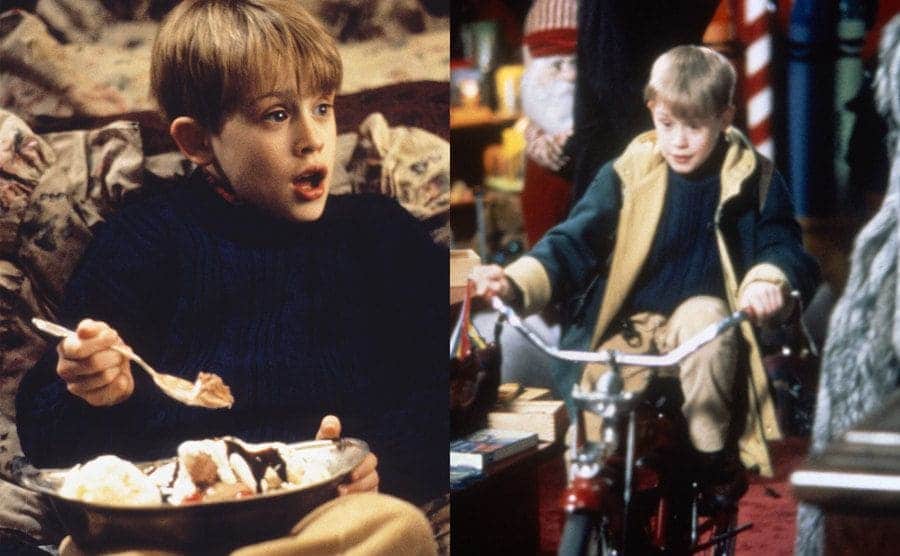 Macaulay Culkin sitting on a hotel bed eating a large bowl of ice cream / Macaulay Culkin riding a bicycle around a store in Home Alone 2