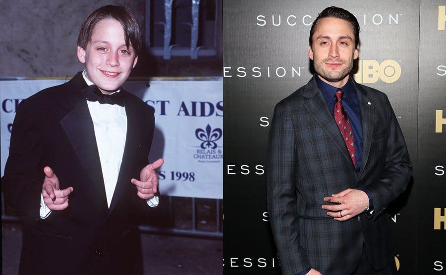 Kieran Culkin as a young boy wearing a tux in 1998 / Kieran Culkin on the red carpet for a Succession event 