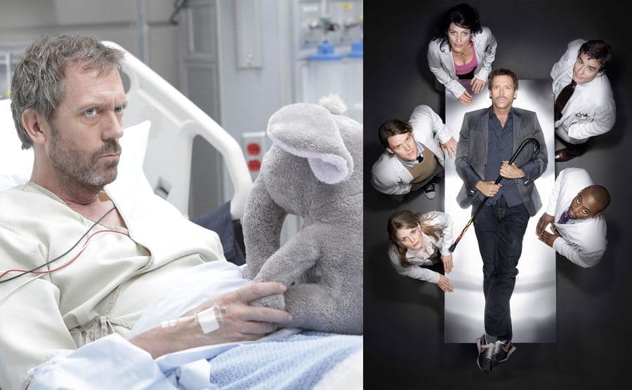 Hugh Laurie sitting in a hospital bed holding a stuffed elephant / The cast of House M.D. standing around a hospital bed while Greg House is on the bed