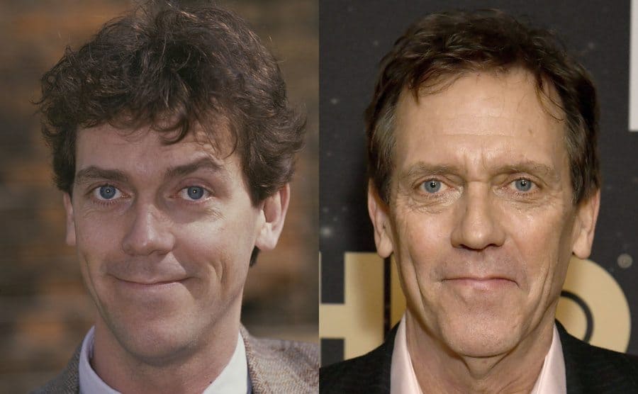 A portrait of Hugh Laurie outside circa 1995 / Hugh Laurie on the red carpet in 2020 