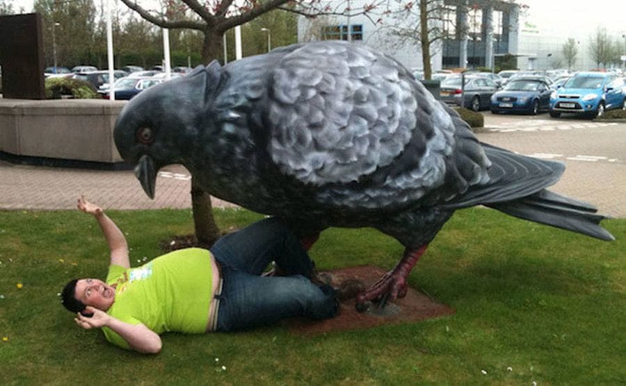 A man on his back under a giant sculpture of a pigeon 