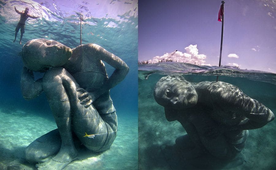 Two photographs of the Ocean Atlas sculpture underwater, one from below the water, and the second photo is half above water half below 
