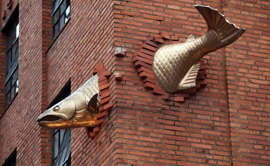 The salmon statue going through the corner of a brick building 