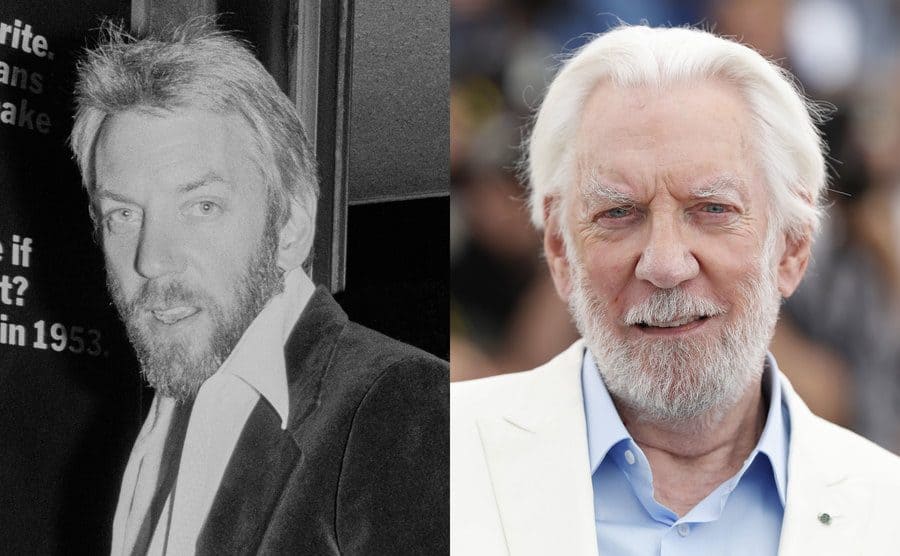 Donald Sutherland in a velvet suit outside of a theater / Donald Sutherland on the red carpet today 