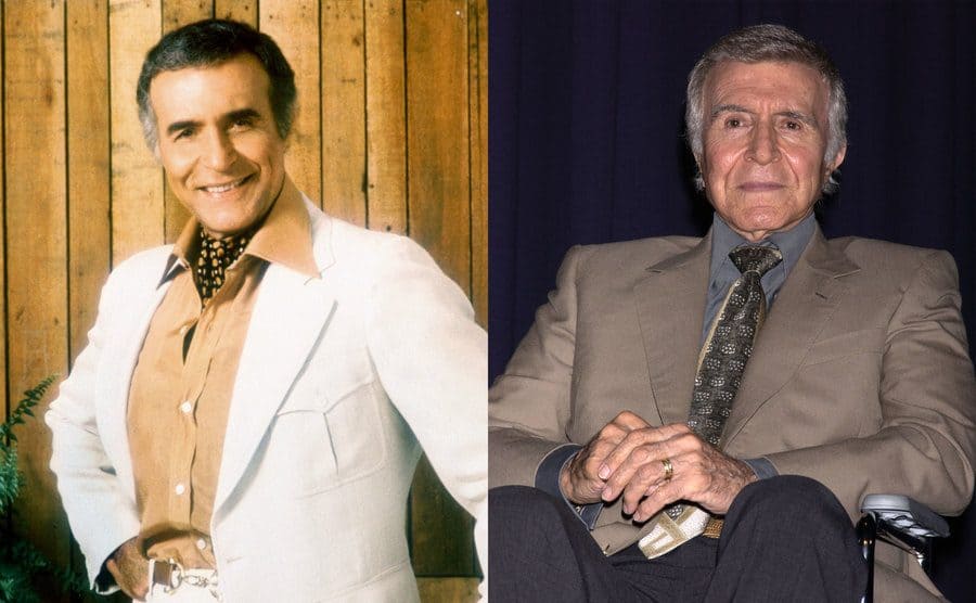 Ricardo Montalban posing in a back yard in the '70s / Ricardo Montalban in a wheelchair at an event in 2002 