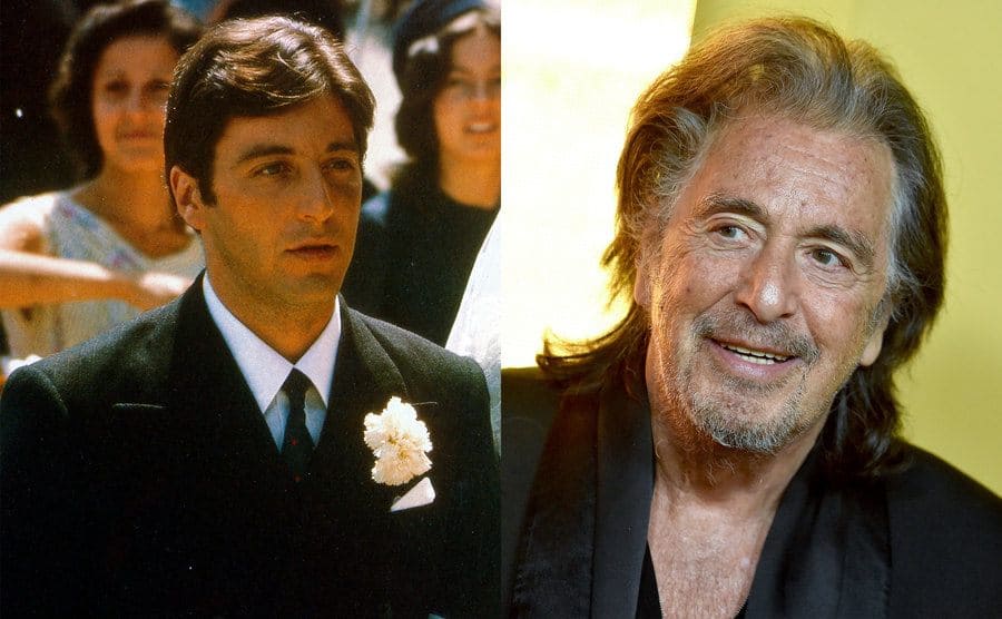 Al Pacino in a wedding scene from the Godfather / Al Pacino on the red carpet today 