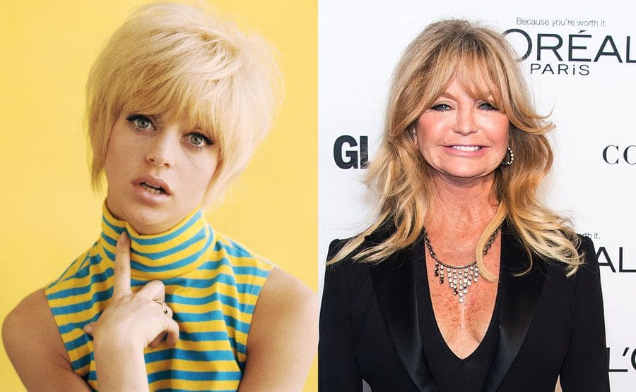 A portrait of Goldie Hawn circa 1965 / Goldie Hawn on the red carpet today 