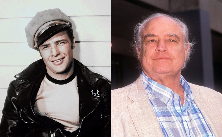 Marlon Brando posing for a portrait in a leather jacket circa 1953 / Marlon Brando outside of a courthouse in 1990 