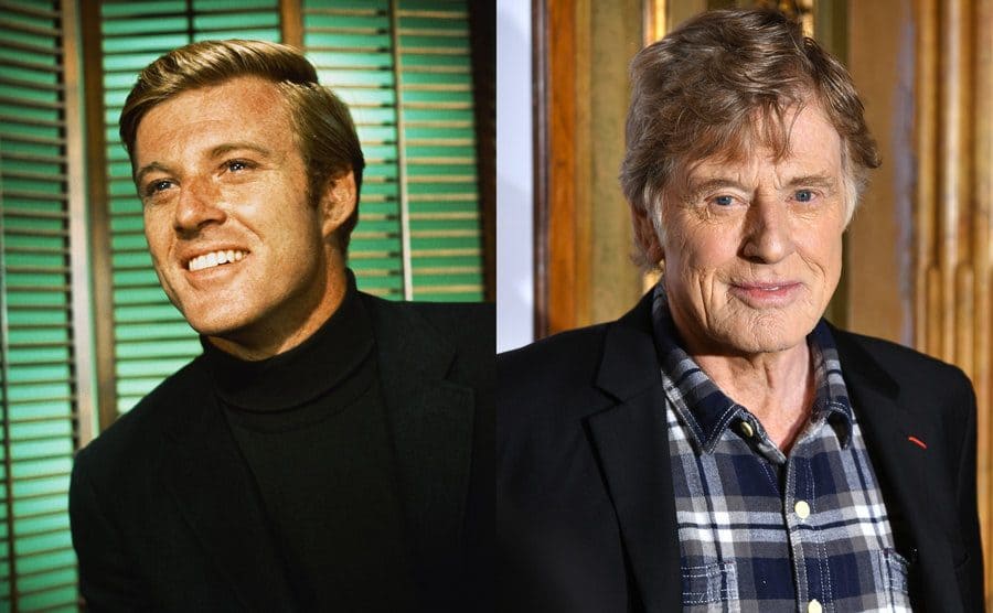 Robert Redford posing for a portrait smiling in front of windows with green blinds / Robert Redford on the red carpet in 2018