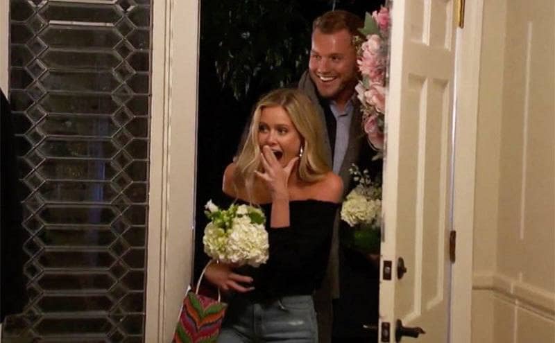Colton and Hannah G arriving at home holding a bouquet of flowers for a hometown dinner 