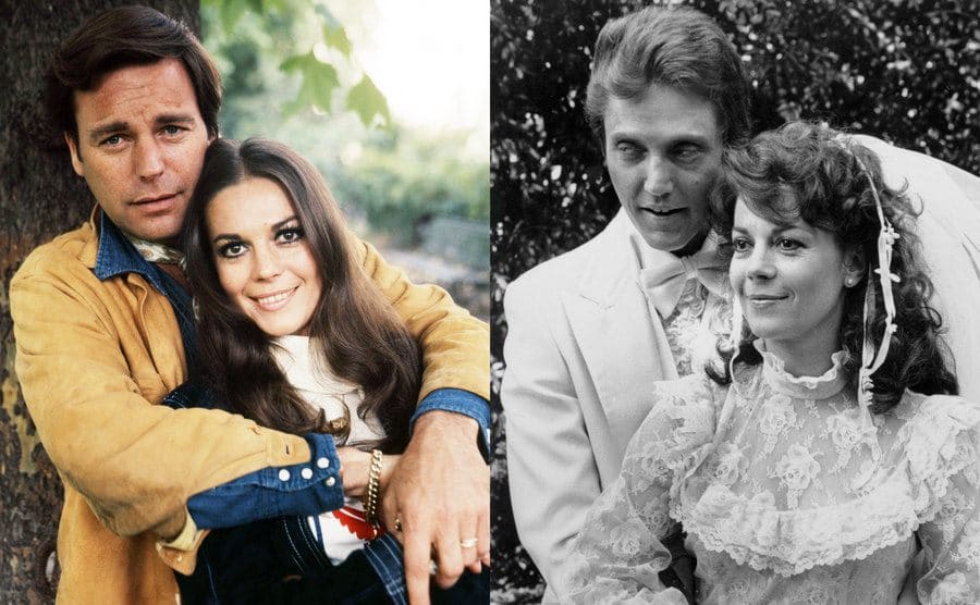 Robert Wagner holding Natalie Wood for a photograph / Christopher Walken and Natalie Wood dressed as bride and groom in a movie 