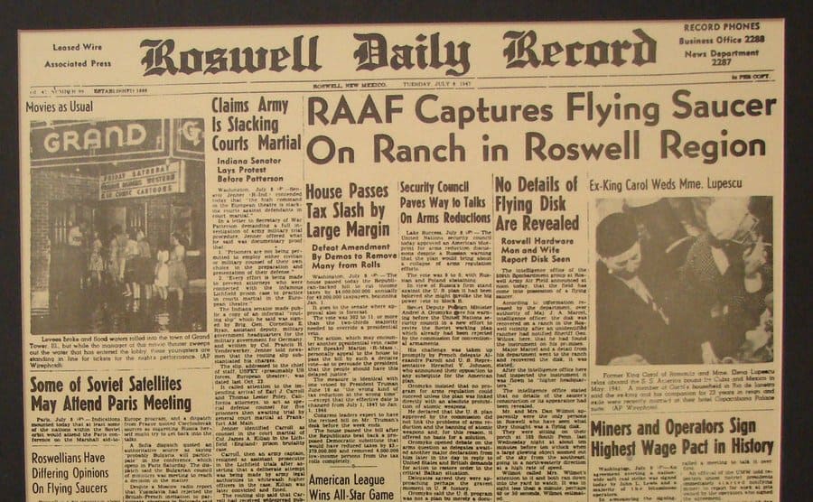 A copy of the newspaper reporting on the Roswell incident. 