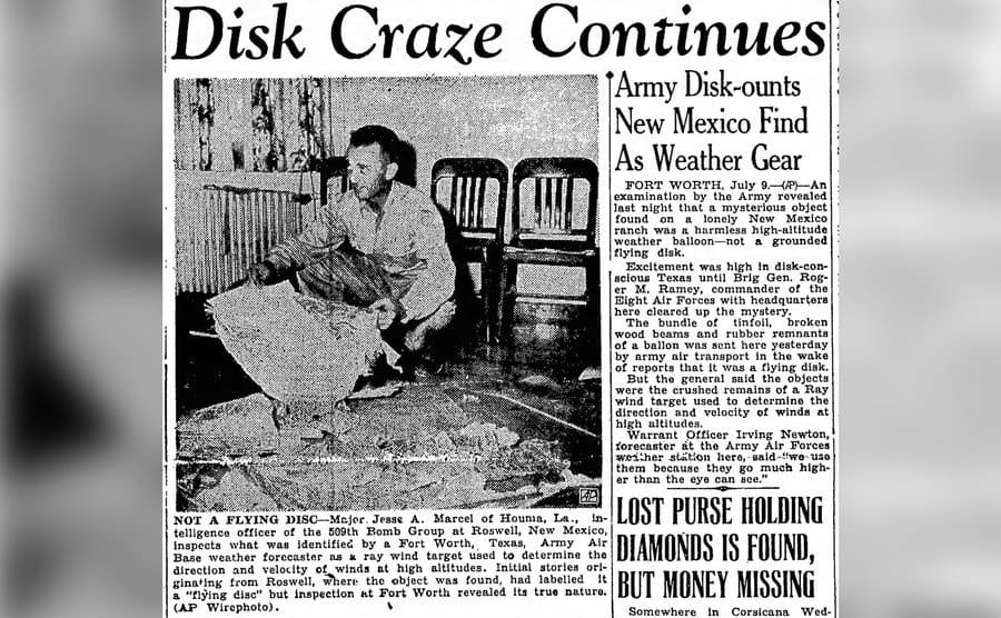 A newspaper clipping with a Jesse Marcel photo, head intelligence officer, who initially investigated and recovered some of the debris from the Roswell UFO site in 1947.
