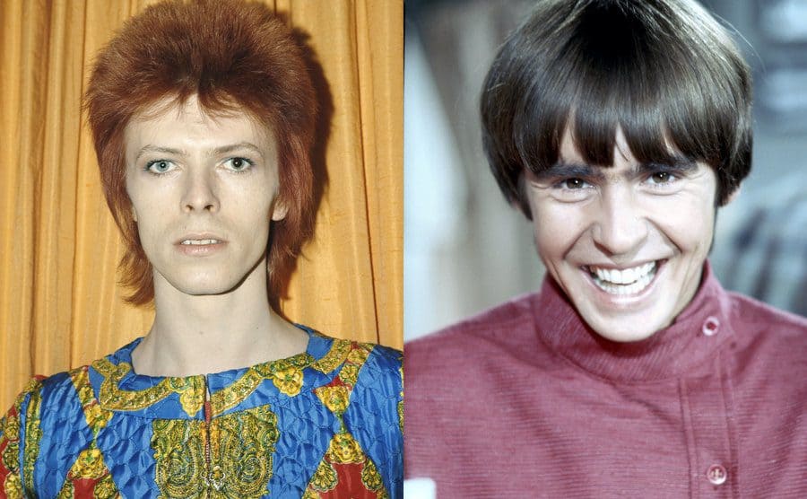 David Bowie as Ziggy Stardust / Davy Jones posing for a portrait in a red shirt 