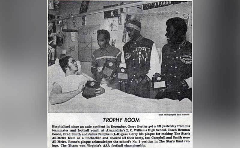 A newspaper clipping about the accident and how Gerry’s teammates and coach came to visit him in the hospital. 