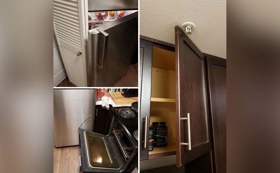 A fridge door, a cabinet door, and the oven door all of them cannot be open the entire way because they are being blocked by something else. 