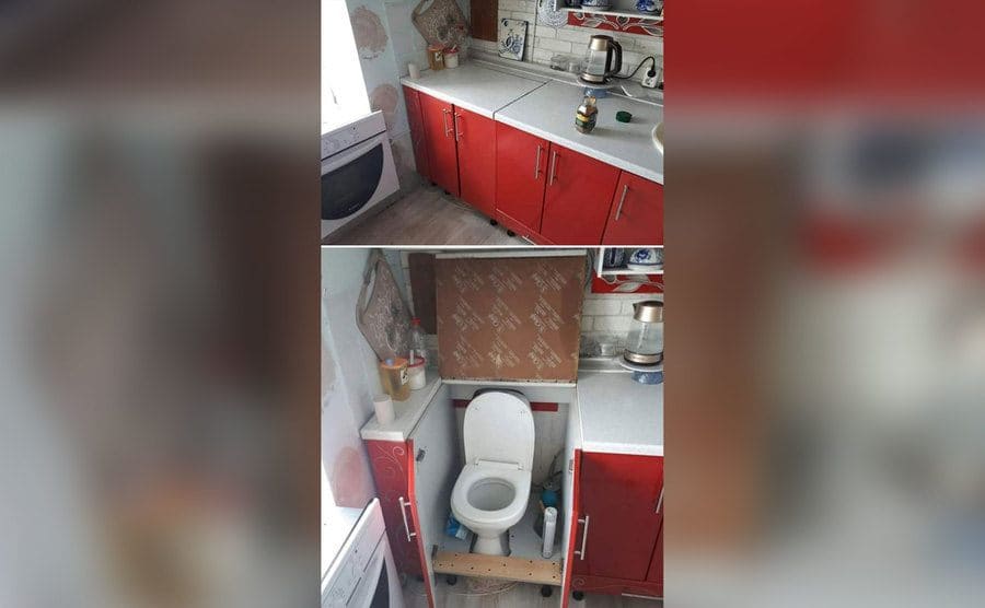 What appears to be a kitchen cabinet opens up to reveal a toilet in the kitchen. 